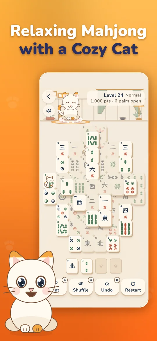 A mahjong board with Mochi the cat watching from the room above