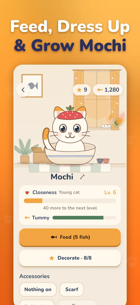 The Cat corner: feed Mochi, change outfits and watch it grow